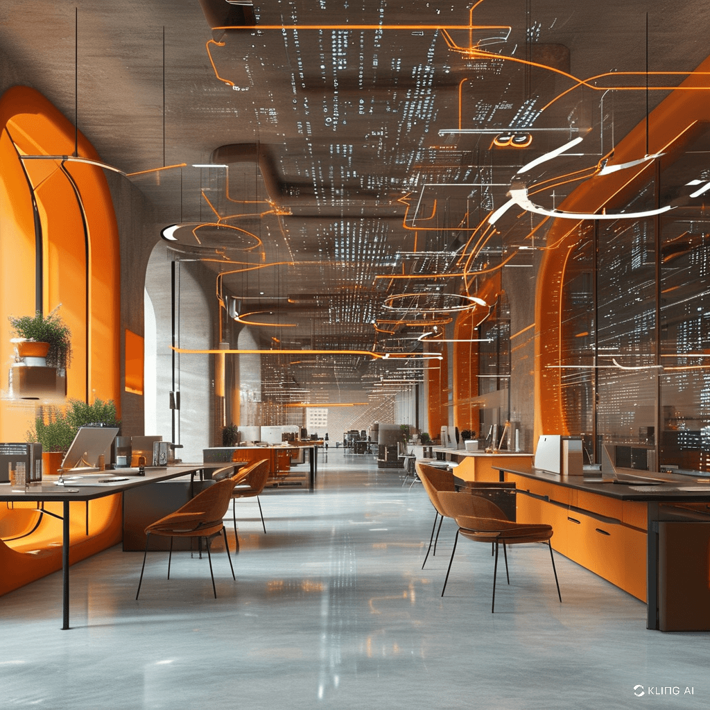 Espace de coworking futuriste illustrant l'innovation et l'accompagnement en pilotage d’entreprise avec DG Conseil 33, méthode Rivalis, à Bordeaux et en Gironde.