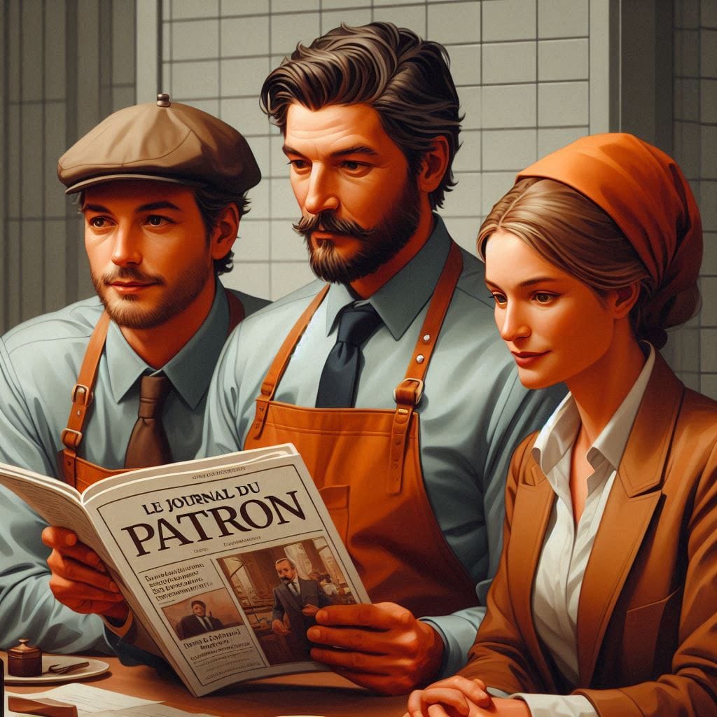 Groupe d'entrepreneurs, dont un restaurateur et un artisan, lisant le journal du patron dans une atmosphère professionnelle et rassurante, illustrant le pilotage d'entreprise et l'accompagnement personnalisé de DG Conseil 33 avec la méthode Rivalis à Bordeaux et en Gironde.