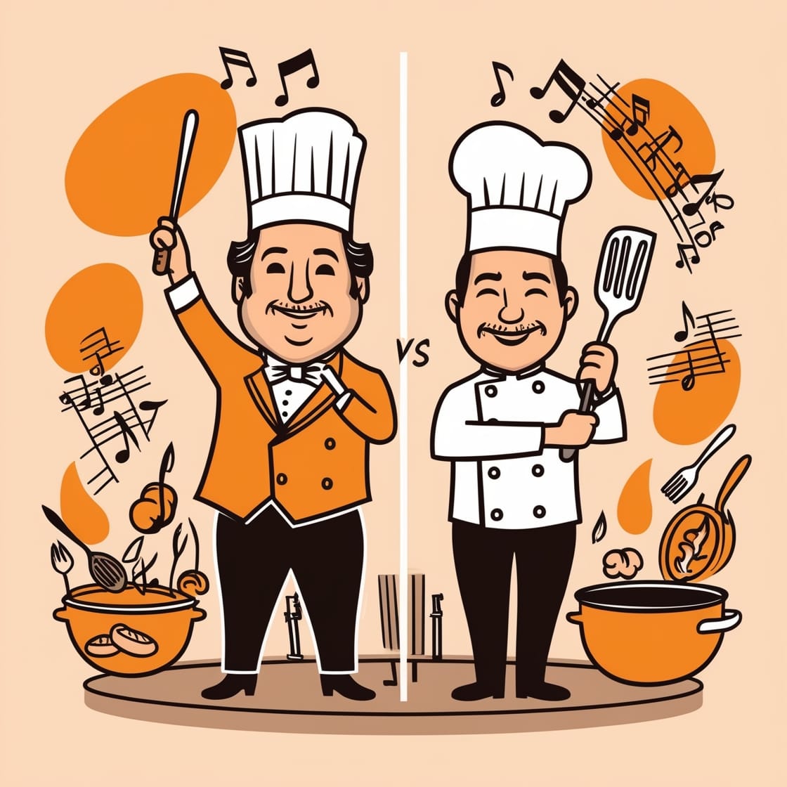 Illustration ludique comparant deux chefs, représentant le pilotage d’entreprise et l’accompagnement personnalisé de DG Conseil 33 pour améliorer la rentabilité des dirigeants avec la méthode Rivalis, à Bordeaux et en Gironde.