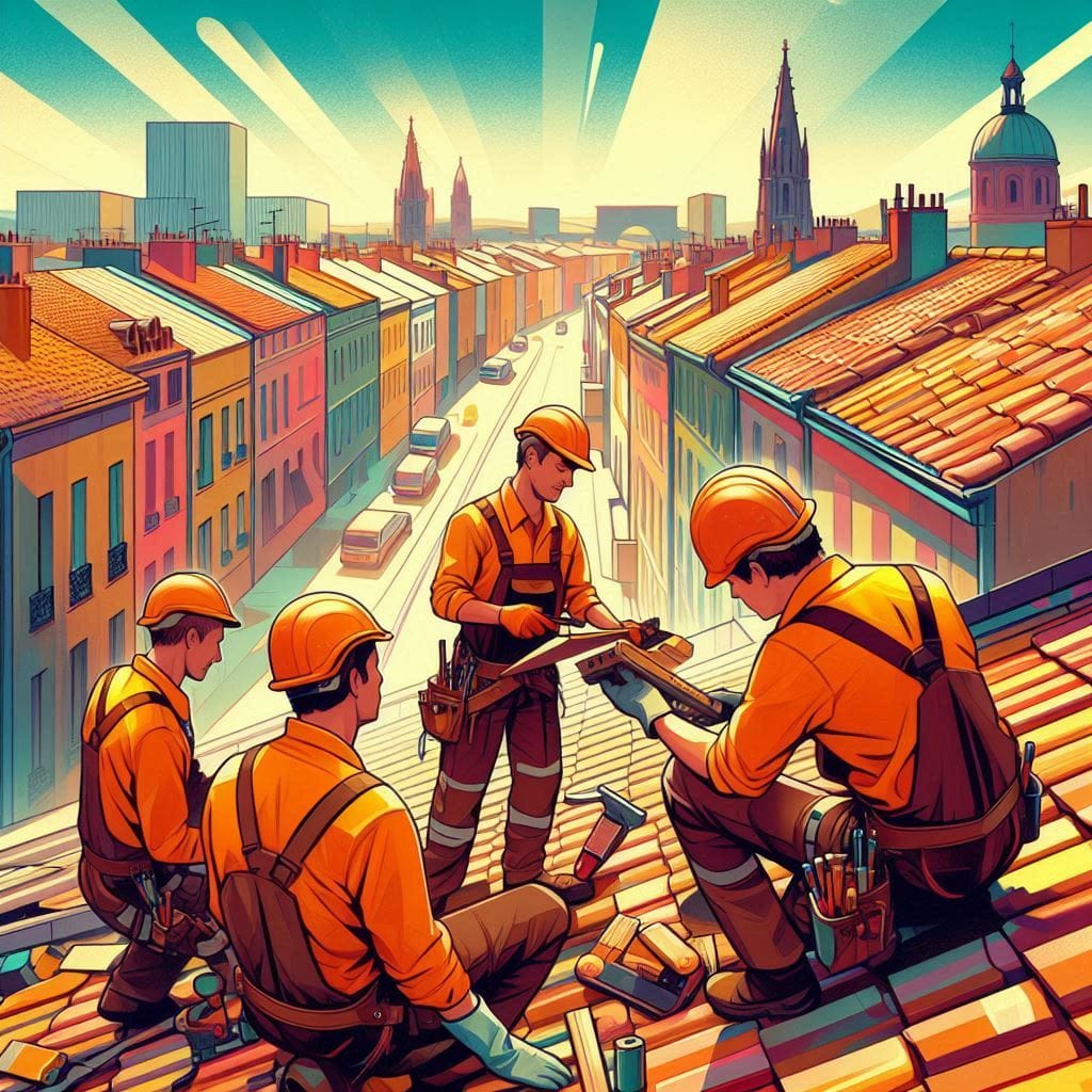 Illustration de roofers travaillant en équipe à Bordeaux, symbolisant l'accompagnement des dirigeants et le pilotage d'entreprise pour améliorer la rentabilité avec la méthode Rivalis, par DG Conseil 33 en Gironde.