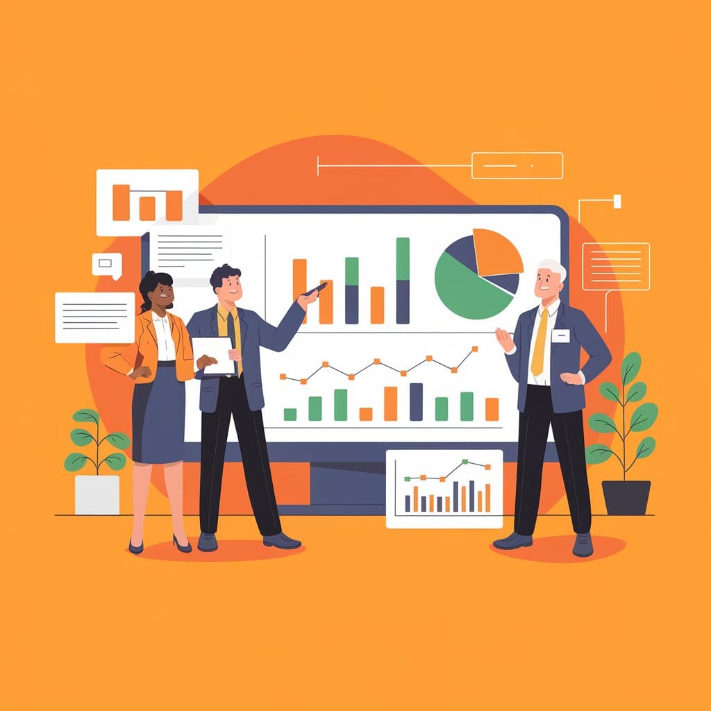 Illustration de dirigeants analysant des graphiques de rentabilité, illustrant le pilotage d’entreprise avec la méthode Rivalis, conseil en gestion et accompagnement personnalisé par DG Conseil 33, Bordeaux et Gironde.