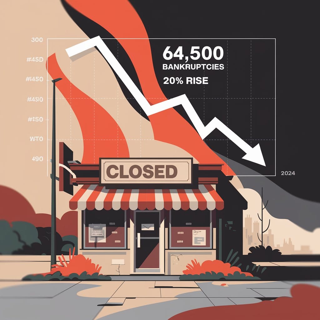 Graphique illustrant la hausse des faillites en 2024 avec 64 500 entreprises en difficulté, mettant en avant le pilotage d'entreprise et l'accompagnement Rivalis par DG Conseil 33, spécialisé dans l'optimisation de la rentabilité pour les PME à Bordeaux et en Gironde.