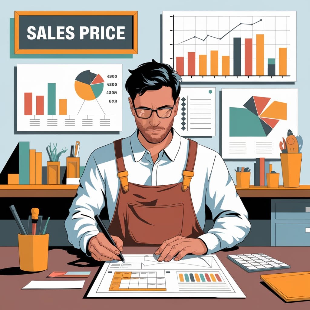 Artisan ajustant ses prix de vente dans un bureau moderne avec graphiques de rentabilité, illustrant le pilotage d'entreprise et l’accompagnement des dirigeants avec la méthode Rivalis, DG Conseil 33, Bordeaux, Gironde.