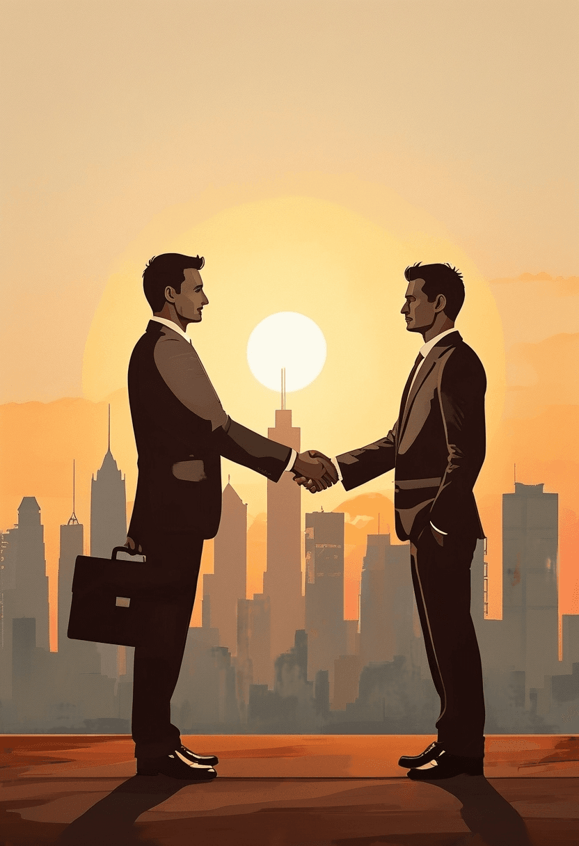 Deux dirigeants serrant la main devant une skyline urbaine au lever du soleil, symbolisant le pilotage d’entreprise et la réussite grâce à la méthode Rivalis, accompagnement des dirigeants avec DG Conseil 33 à Bordeaux et en Gironde.