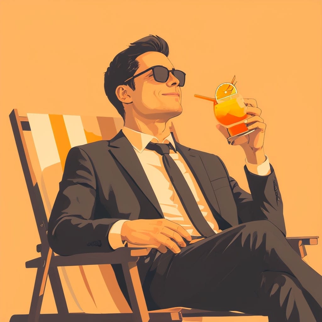 Homme en costume-cravate détendu sur une chaise longue en bord de mer, symbolisant le pilotage d’entreprise et l’accompagnement des dirigeants pour améliorer la rentabilité avec la méthode Rivalis, DG Conseil 33, Bordeaux et Gironde.