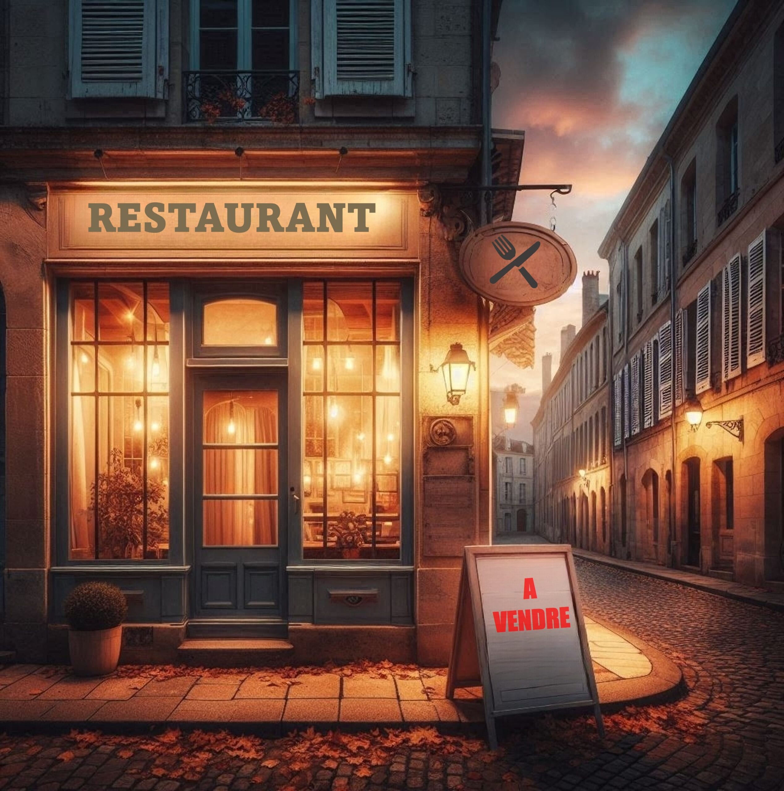 Façade d'un restaurant à vendre dans une rue bordelaise, illustrant les défis économiques et la nécessité d'un diagnostic d’entreprise pour améliorer la rentabilité, DG Conseil 33, Bordeaux et Gironde.