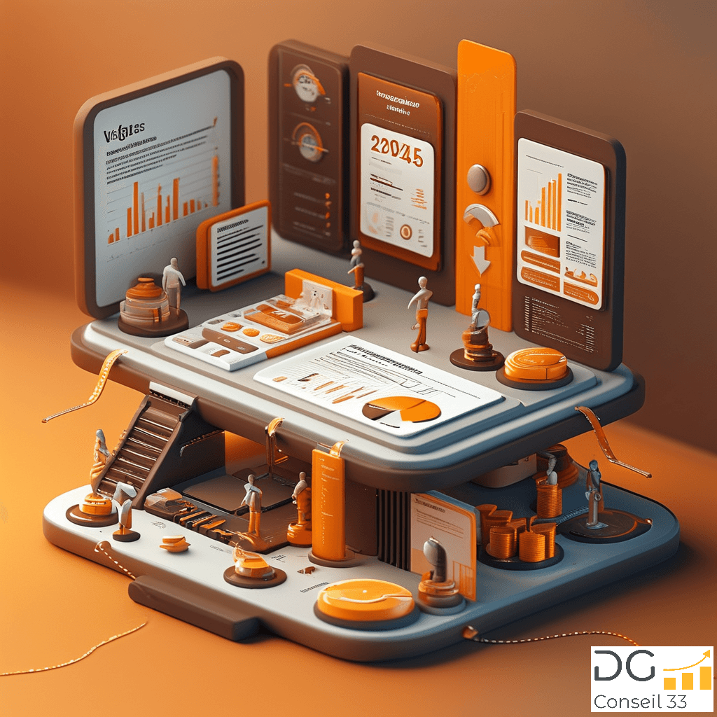 Infographie visuelle en 3D illustrant des solutions innovantes de pilotage d’entreprise pour améliorer la rentabilité, avec des graphiques interactifs et des symboles de diagnostic financier, reflétant l’accompagnement personnalisé de DG Conseil 33, expert Rivalis basé à Bordeaux et en Gironde.