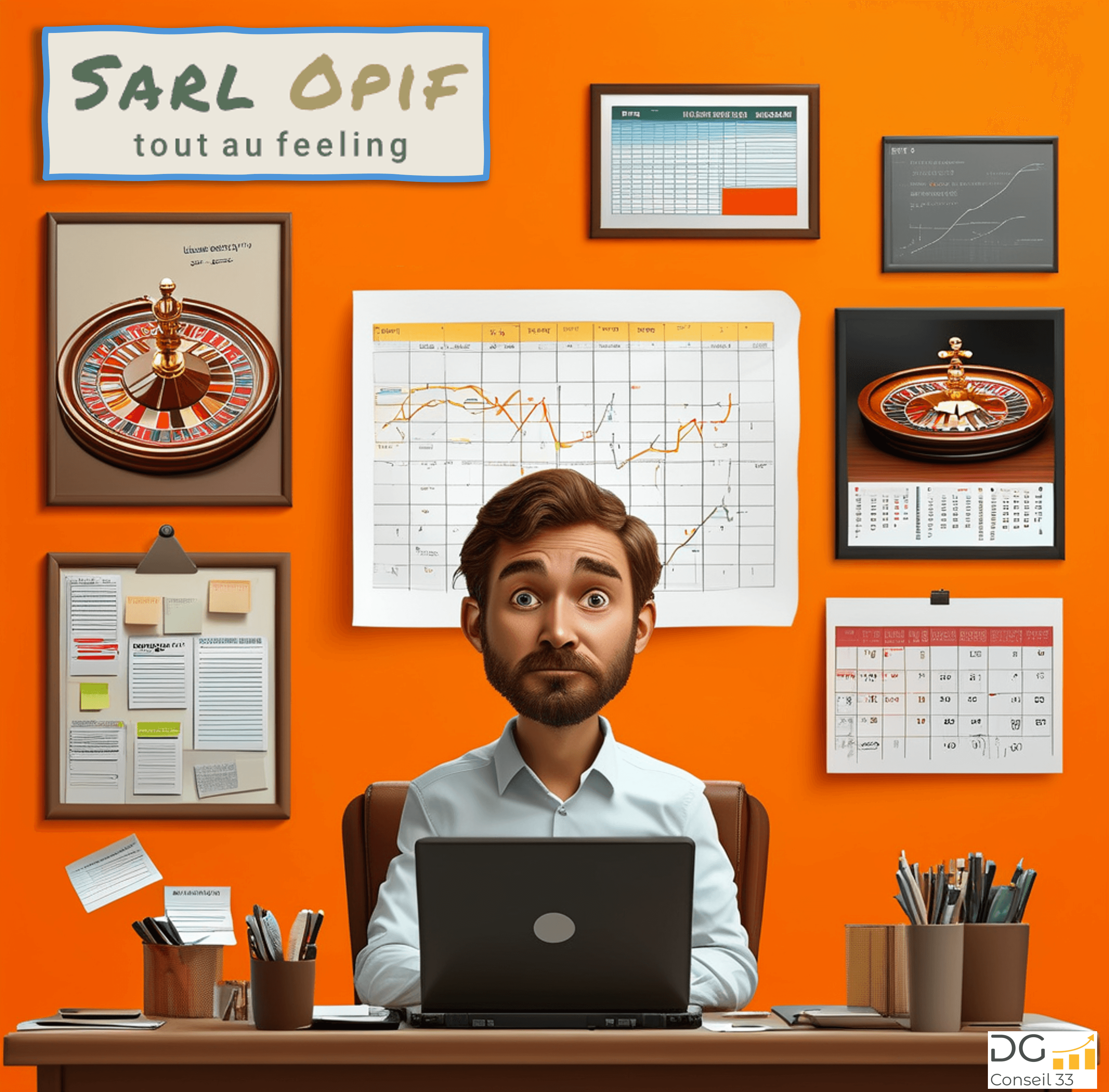 Personnage dans un bureau avec des graphiques et une roulette, représentant l'accompagnement des dirigeants en gestion et pilotage d'entreprise pour améliorer la rentabilité, avec la méthode Rivalis à Bordeaux, Gironde.