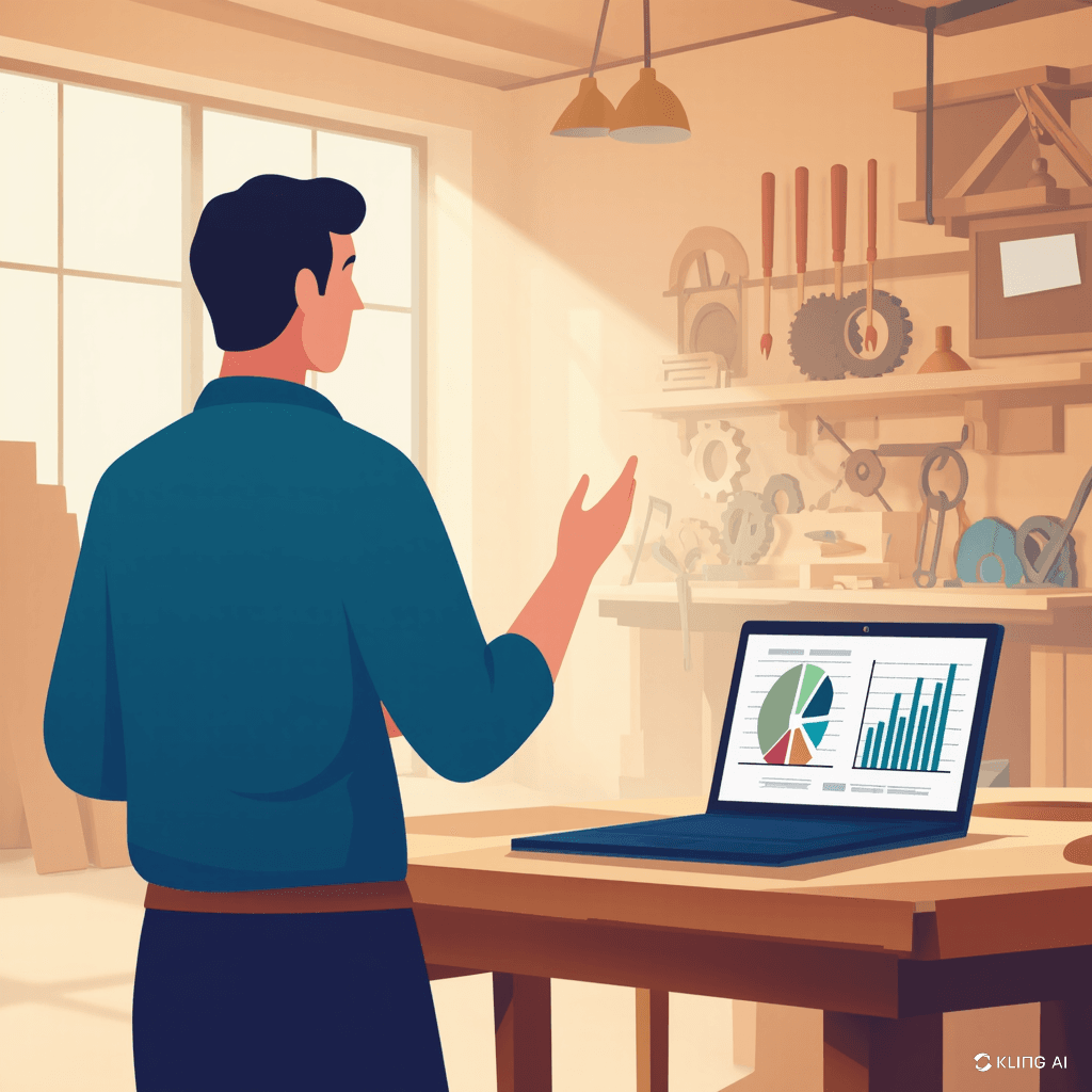 Conseiller en gestion vu de dos présentant des graphiques de rentabilité sur un ordinateur portable dans un atelier artisanal, illustrant l’accompagnement des dirigeants avec la méthode Rivalis – DG Conseil 33, Bordeaux, Gironde.