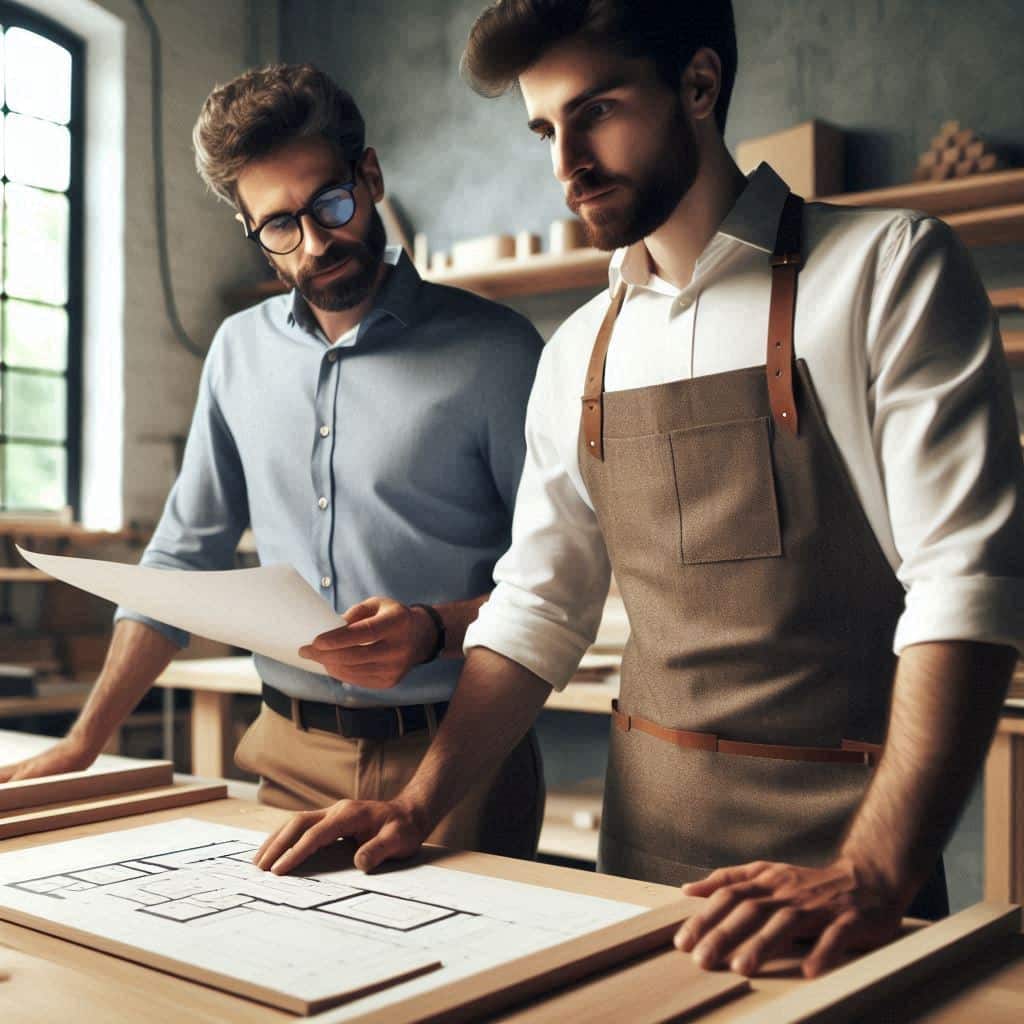 Deux professionnels examinant des plans dans un atelier, symbolisant le conseil en gestion et le pilotage d’entreprise pour améliorer la rentabilité avec DG Conseil 33, Bordeaux et Gironde.