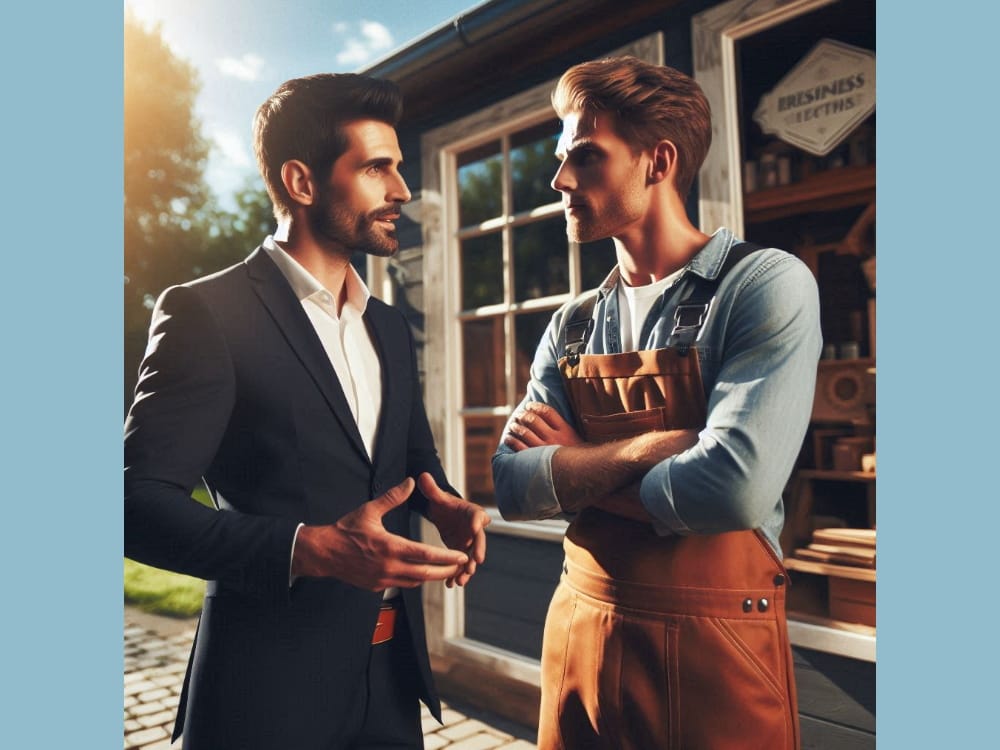 A business consultant and a craftsman having a focused and professional conversation outdoors DG Conseil 33