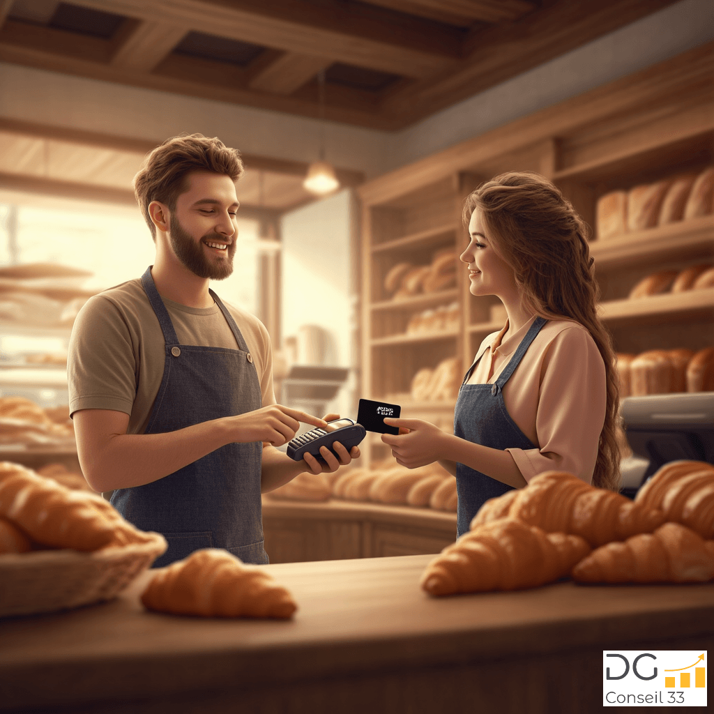 Illustration réaliste d’un boulanger et d’une cliente effectuant un paiement par carte bancaire dans une boulangerie artisanale, symbolisant la gestion et la rentabilité des entreprises avec l’accompagnement Rivalis – DG Conseil 33, Bordeaux, Gironde.