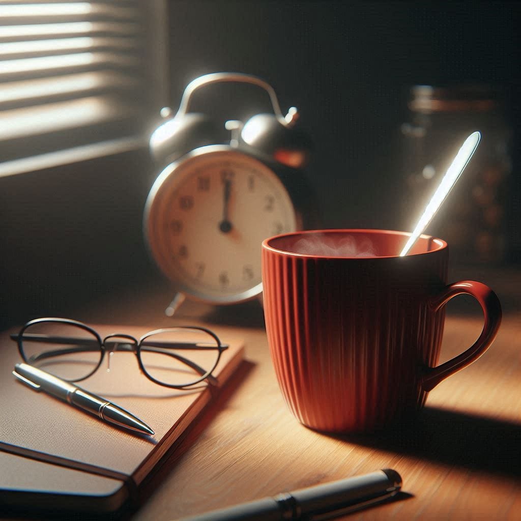 Tasse de café fumante sur un bureau avec réveil, carnet et lunettes, illustrant le pilotage d’entreprise et l’accompagnement des dirigeants pour une gestion efficace et rentable avec Rivalis, DG Conseil 33, Bordeaux, Gironde
