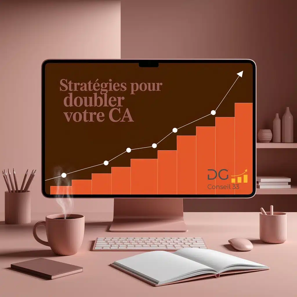 Bureau moderne avec un écran affichant un graphique de croissance et le texte "Stratégies pour doubler votre CA", illustrant le conseil en gestion, le pilotage d’entreprise et l’accompagnement des dirigeants avec la méthode Rivalis – DG Conseil 33, Bordeaux, Gironde.