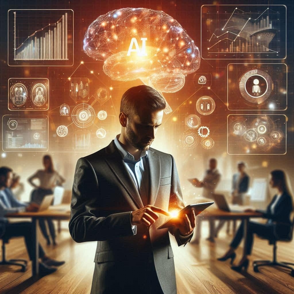 Chef d'entreprise utilisant un ordinateur portable avec des icônes représentant l'intelligence artificielle, illustrant le pilotage d'entreprise et l'accompagnement des dirigeants, DG Conseil 33, Bord