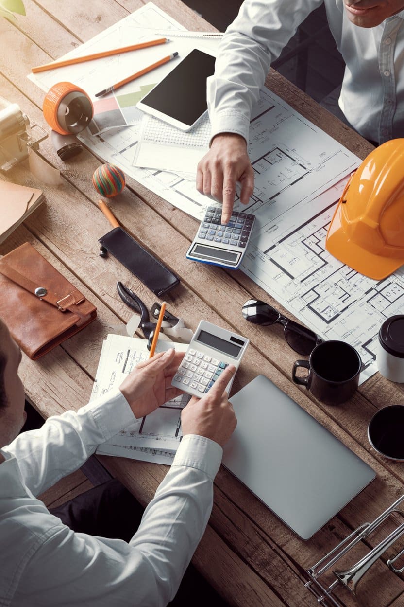 Deux entrepreneurs en réunion sur des plans d’architecte, calculant la rentabilité d’un projet avec la méthode Rivalis – conseil en gestion, pilotage d’entreprise et accompagnement des dirigeants en Gironde avec DG Conseil 33.
