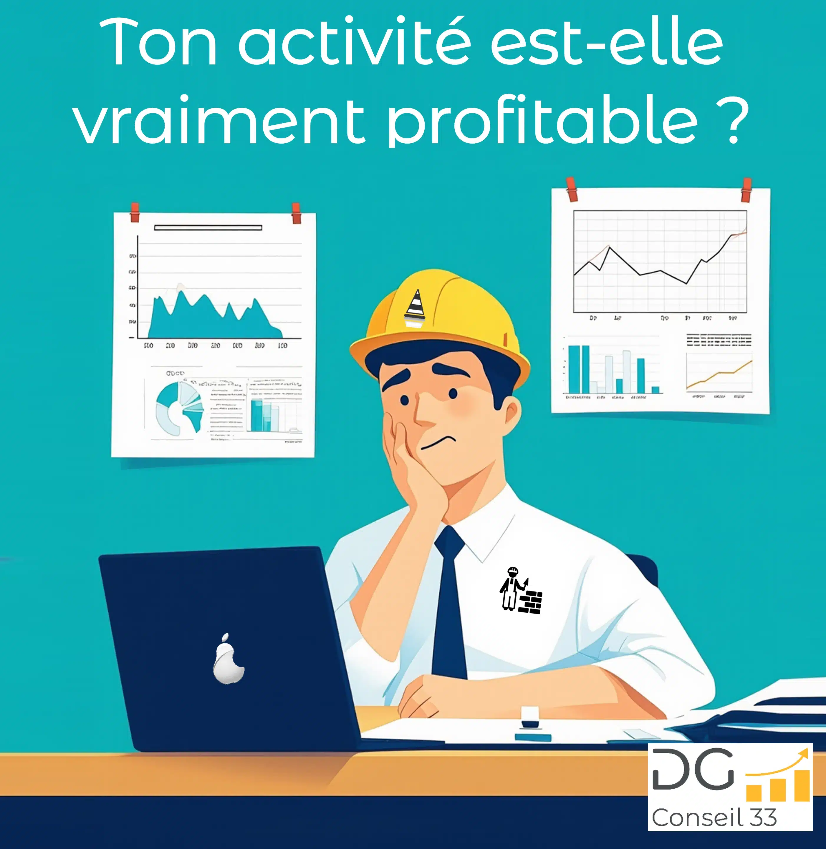Dirigeant de TPE avec un casque de chantier, préoccupé devant son ordinateur, analysant des graphiques de rentabilité et de gestion d’entreprise – Accompagnement Rivalis, conseil en gestion, pilotage d’entreprise, rentabilité, DG Conseil 33, Bordeaux, Gironde.