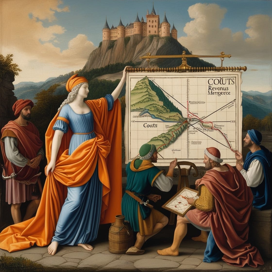 Illustration style Renaissance revisitant le conseil en gestion et le pilotage d’entreprise, avec une analyse des coûts et de la rentabilité, DG Conseil 33, méthode Rivalis, Bordeaux, Gironde.