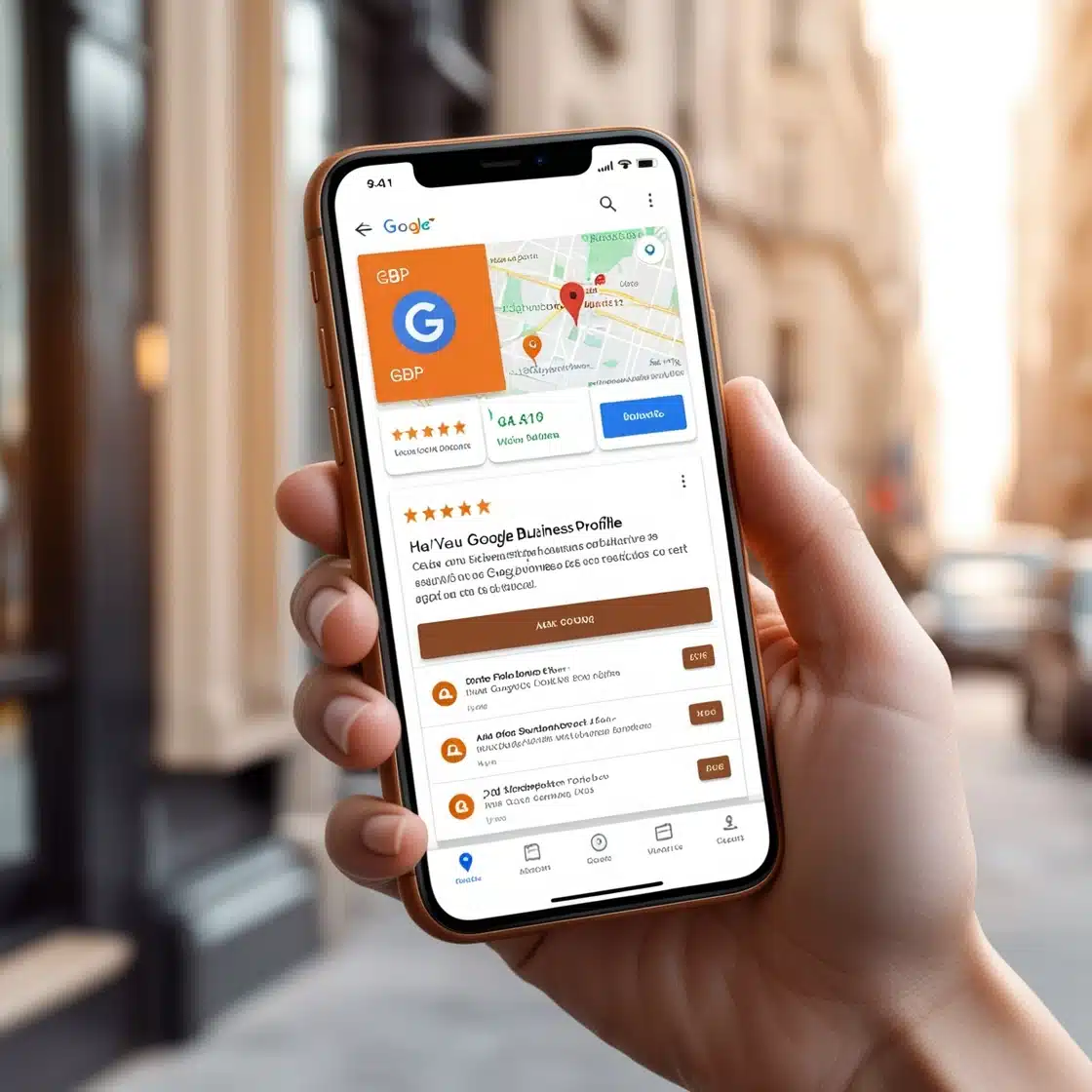 Main tenant un smartphone affichant une fiche Google Business Profile avec carte et avis clients, illustrant l’accompagnement des dirigeants pour optimiser leur visibilité locale avec DG Conseil 33, expert en pilotage d’entreprise et rentabilité à Bordeaux et en Gironde.