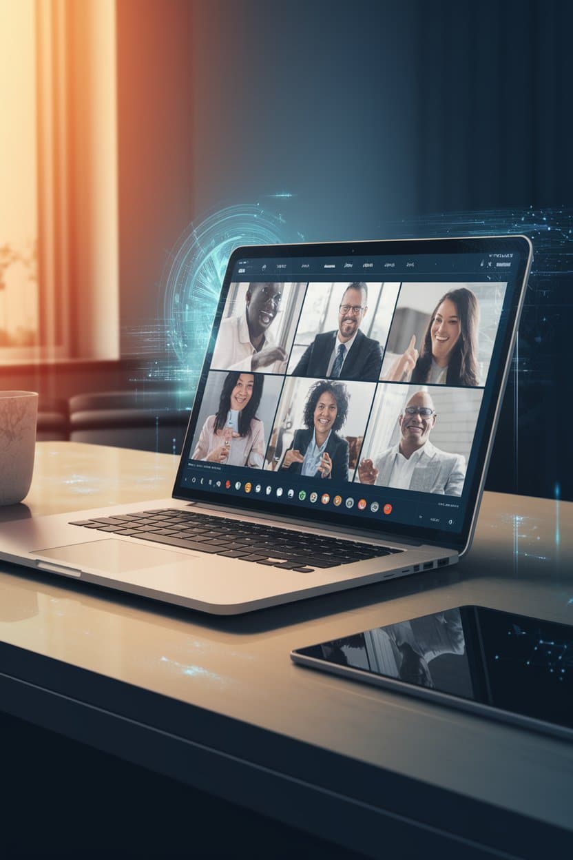 Ordinateur portable affichant une visioconférence avec six participants, illustrant le télétravail et la collaboration à distance, en lien avec le conseil en gestion et le pilotage d'entreprise avec Rivalis, DG Conseil 33, Bordeaux et Gironde.