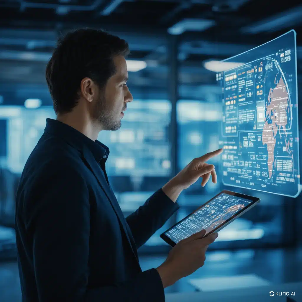 Un entrepreneur analyse des données sur des écrans interactifs d'intelligence artificielle, illustrant le pilotage d'entreprise et l'accompagnement des dirigeants avec Rivalis, DG Conseil 33, Bordeaux, Gironde