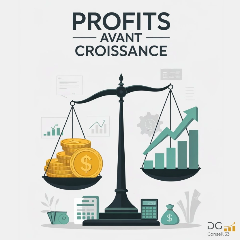 Balance illustrant l'équilibre entre profits et croissance conseil en gestion et pilotage d'entreprise DG Conseil 33 avec la méthode Rivalis pour améliorer la rentabilité des dirigeants en Gironde
