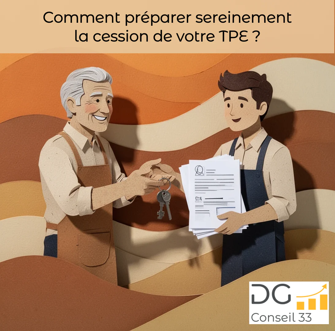 illustration paper craft de la cession dune tpe avec un dirigeant senior transmettant les cles de son entreprise a un repreneur lors dun accompagnement en conseil en gestion Rivalis a Bordeaux