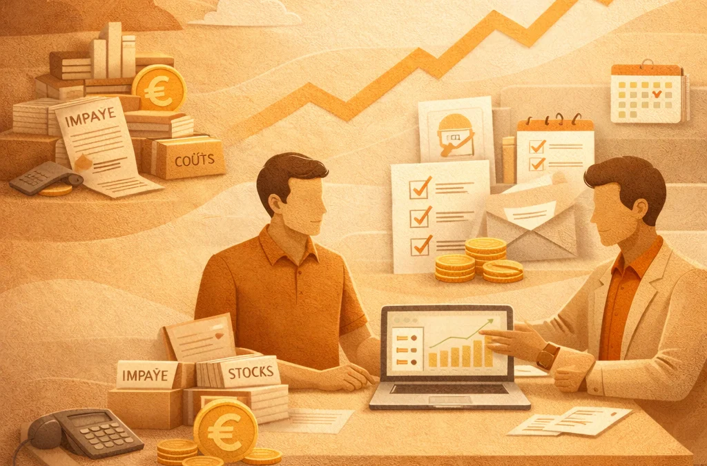 Dirigeant et conseiller optimisant les coûts et le plan de trésorerie lors d'un accompagnement en pilotage d'entreprise à Bordeaux