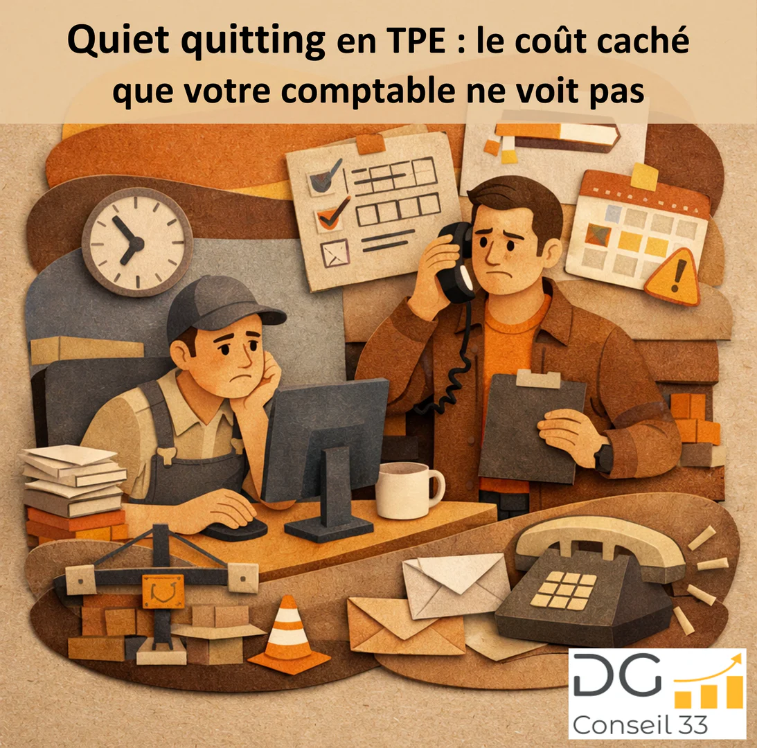 illustration de conseil en gestion montrant un dirigeant de tpe inquiet et un salarié démotivé au bureau quiet quitting