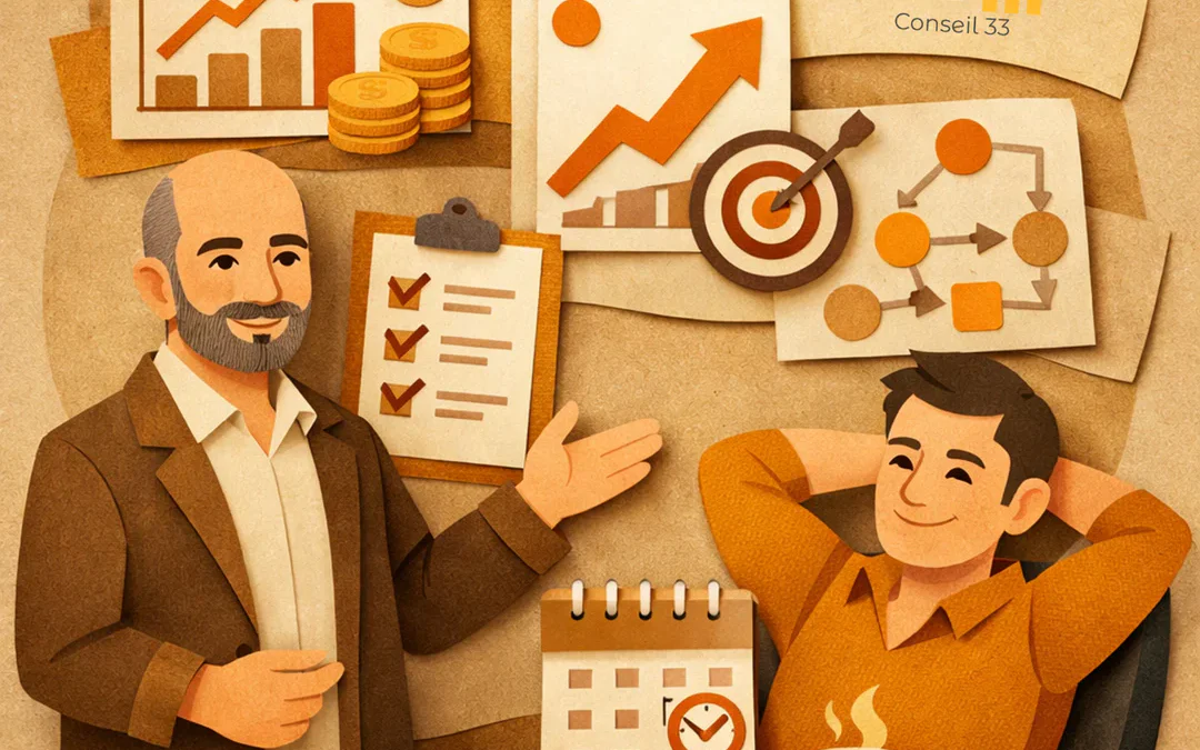 Conseiller DG Conseil 33 accompagnant un dirigeant de TPE avec des tableaux de bord sur la rentabilité et la trésorerie pour améliorer son pilotage