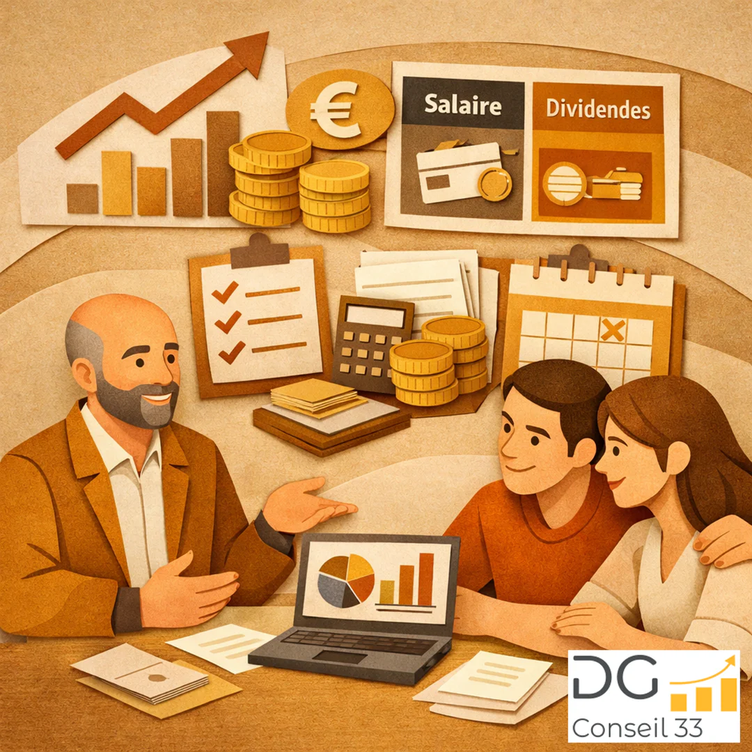 conseiller en gestion accompagne dirigeant tpe sur choix salaire dividendes avec graphiques financiers pilotage entreprise Bordeaux Rivalis