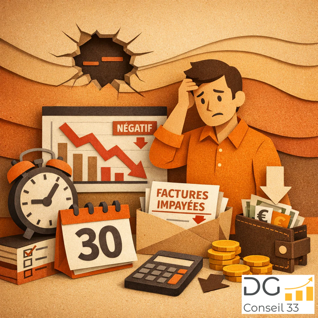 dirigeant tpe inquiet devant graphique trésorerie négative factures impayées calendrier trente jours conseil en gestion pilotage entreprise Bordeaux