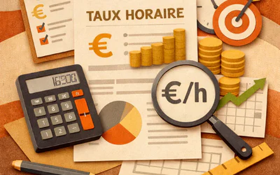 Illustration calcul taux horaire artisan avec documents graphiques euro calculatrice pour pilotage entreprise rentabilité conseil en gestion Bordeaux Gironde