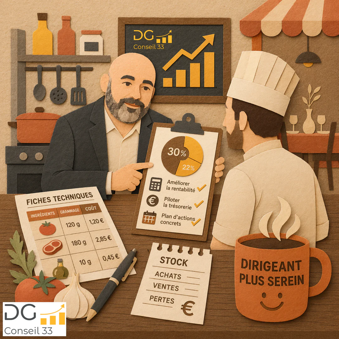 conseiller en gestion montre graphiques rentabilité à chef cuisinier avec fiches techniques stock pilotage entreprise Rivalis Bordeaux