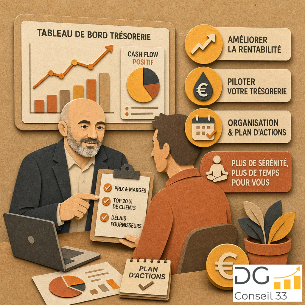 Conseiller en gestion montrant un tableau de bord de trésorerie, prix et marges à un dirigeant de TPE à Bordeaux