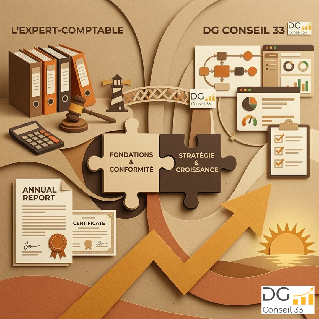 illustration en papier découpé montrant le lien entre expert comptable et DG Conseil 33 pour la stratégie et croissance d'entreprise à Bordeaux