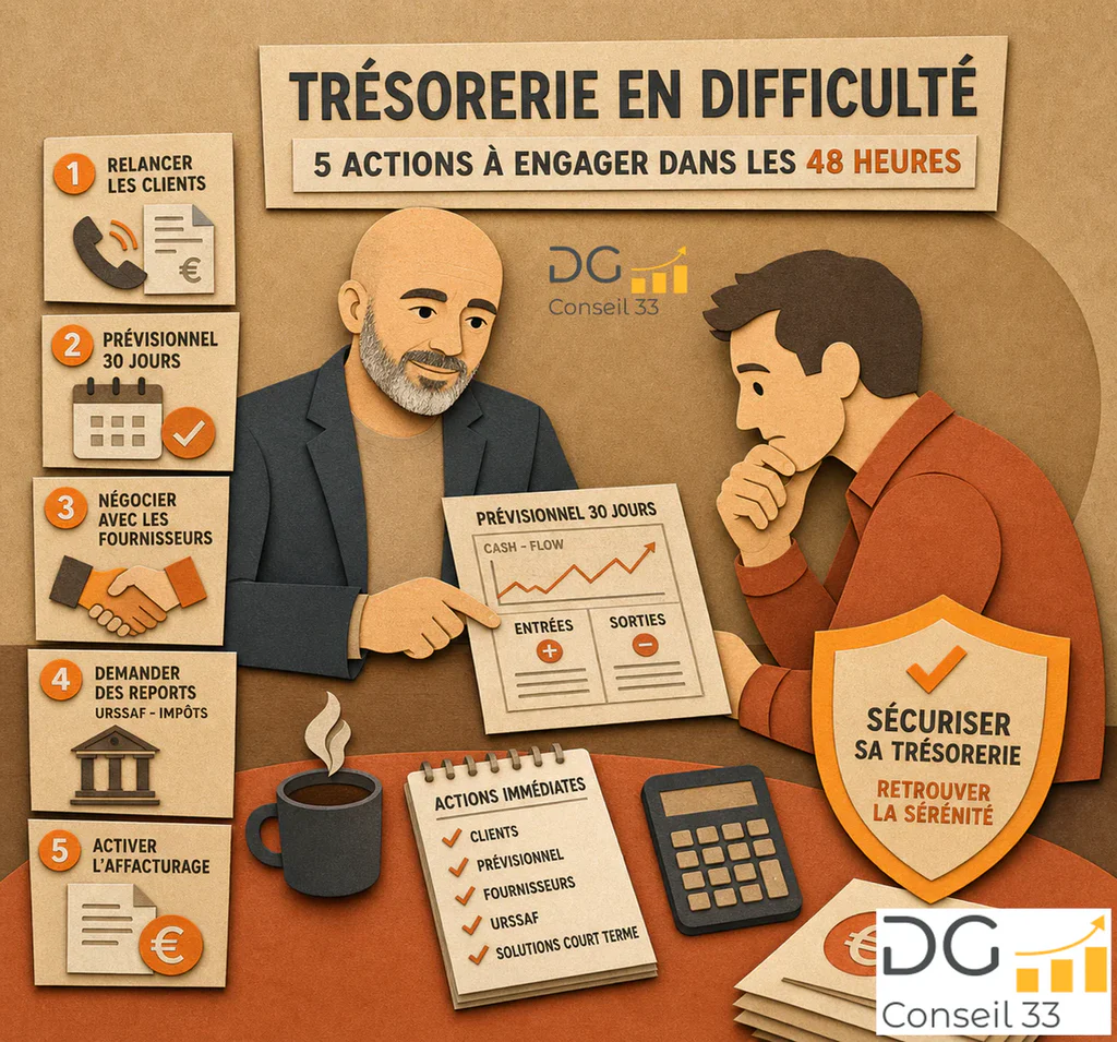 conseiller en gestion DG Conseil 33 accompagnant un dirigeant de TPE pour analyser sa trésorerie et reprendre la main à la rentrée