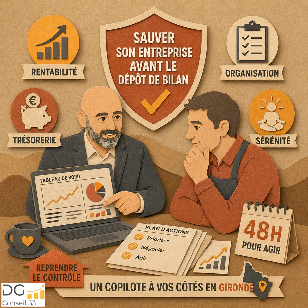 conseiller en gestion analysant un tableau de bord de trésorerie avec dirigeant TPE en Gironde pour éviter le dépôt de bilan