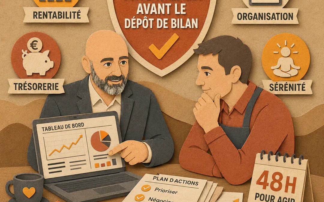 Conseiller en gestion analysant un tableau de bord de trésorerie avec un dirigeant de TPE en Gironde pour éviter le dépôt de bilan