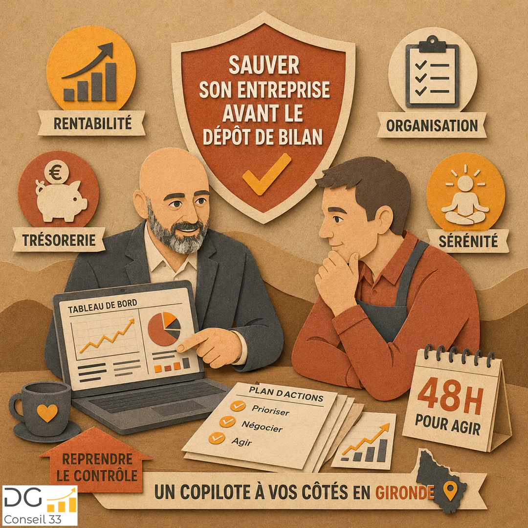 conseiller en gestion analysant un tableau de bord de trésorerie avec dirigeant TPE en Gironde pour éviter le dépôt de bilan