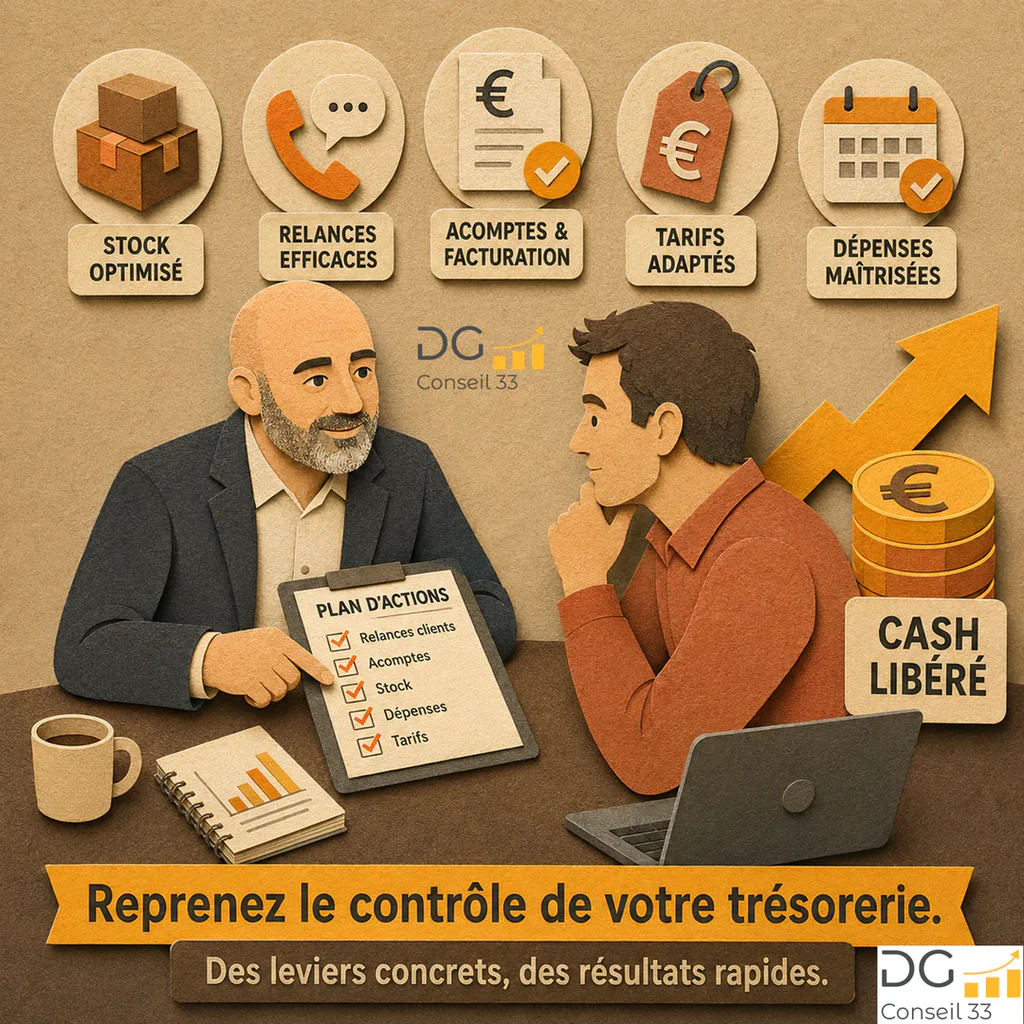 dirigeant de TPE avec conseiller en gestion pilotage entreprise Bordeaux plan actions trésorerie et rentabilité en paper craft