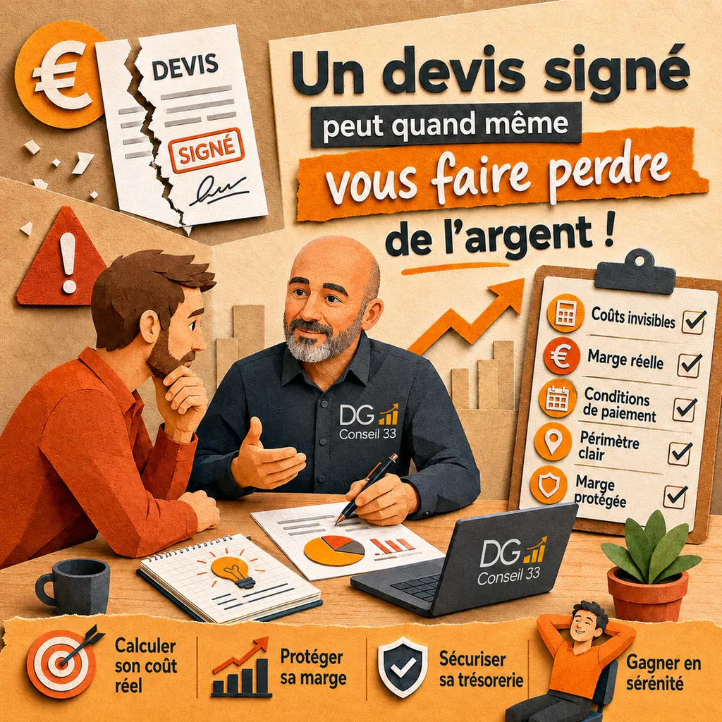 Conseiller en gestion analysant un devis rentable avec dirigeant de TPE pour protéger marge trésorerie et rentabilité à Bordeaux
