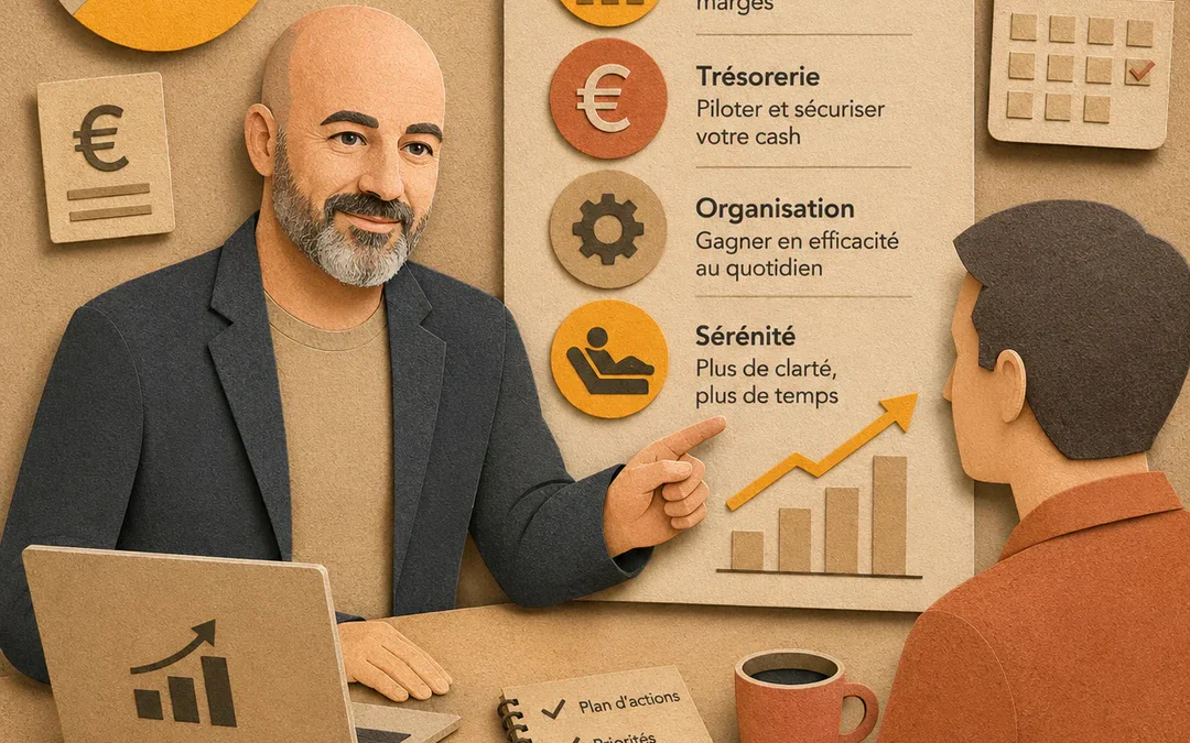 Conseiller en gestion accompagnant un dirigeant de TPE avec tableau de bord rentabilité trésorerie organisation et pilotage d entreprise Bordeaux Gironde