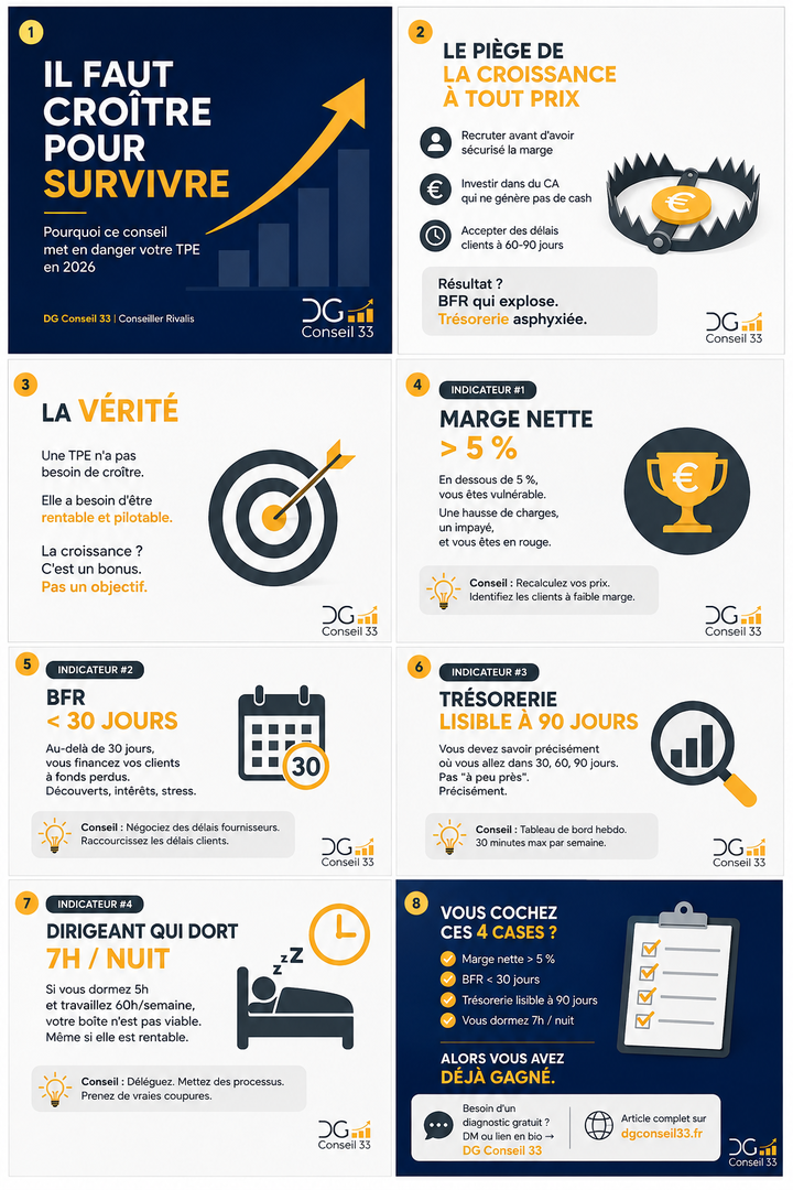 Infographie sur le pilotage d’entreprise avec indicateurs de rentabilité trésorerie BFR marge nette et équilibre du dirigeant pour les TPE v2