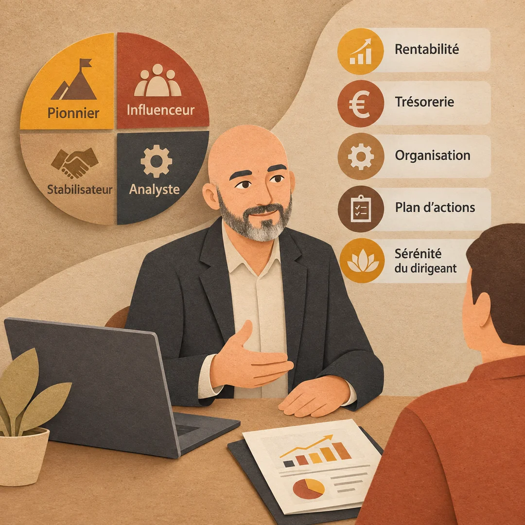 Conseiller en gestion accompagnant un dirigeant de TPE avec roue des profils de personnalité pour améliorer le pilotage d’entreprise la rentabilité et la trésorerie Conseiller en gestion accompagnant un dirigeant de TPE avec roue des profils de personnalité pour améliorer le pilotage d’entreprise la rentabilité et la trésorerie